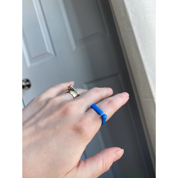 Blue chunky square disconnected bar ring, size 6.5, NEW - Picture 6 of 10